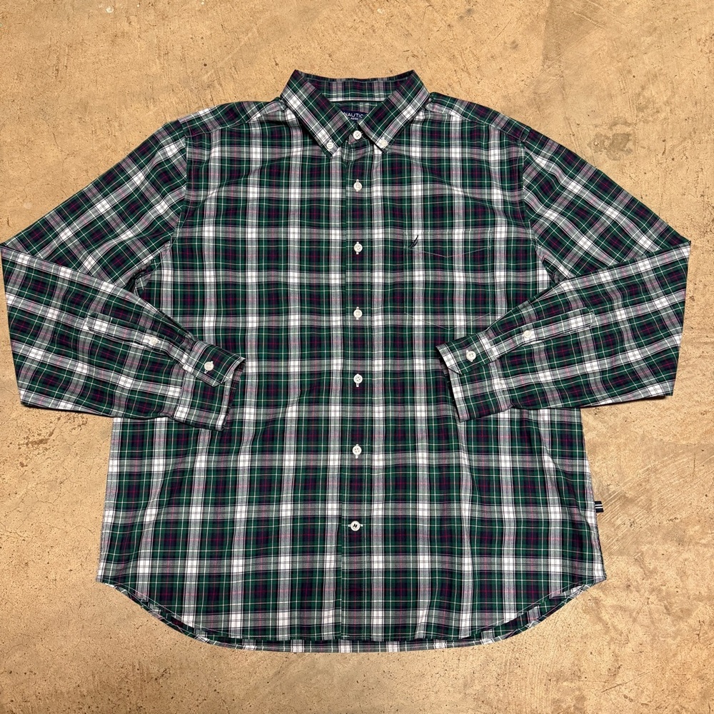 Nautica Men's Plaid Button-Down Shirt - Green and Black XL